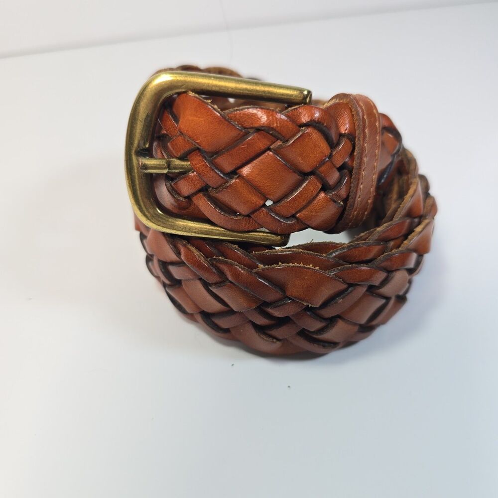 Vintage Braided Leather Belt Size 40 Brown Cognac Genuine Leather Brass Tone AFC